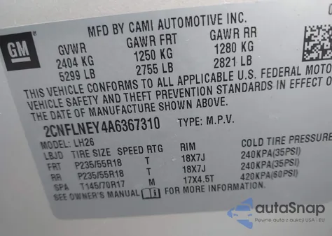 2010 Chevrolet Equinox Lt z USA, uszkodzony, nr VIN 2CNFLNEY4A6367310